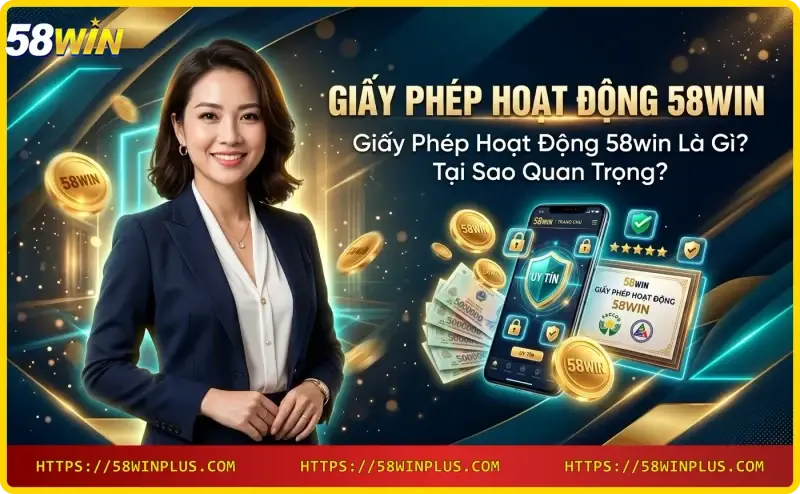 Giấy phép hoạt động 58win - hình ảnh chứng nhận vàng và biểu tượng pháp lý