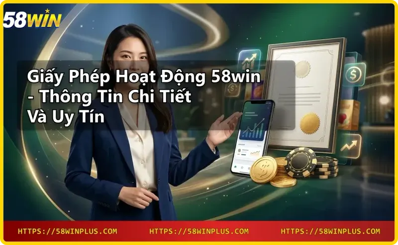 Giấy phép hoạt động 58win - hình ảnh chứng nhận vàng và biểu tượng pháp lý
